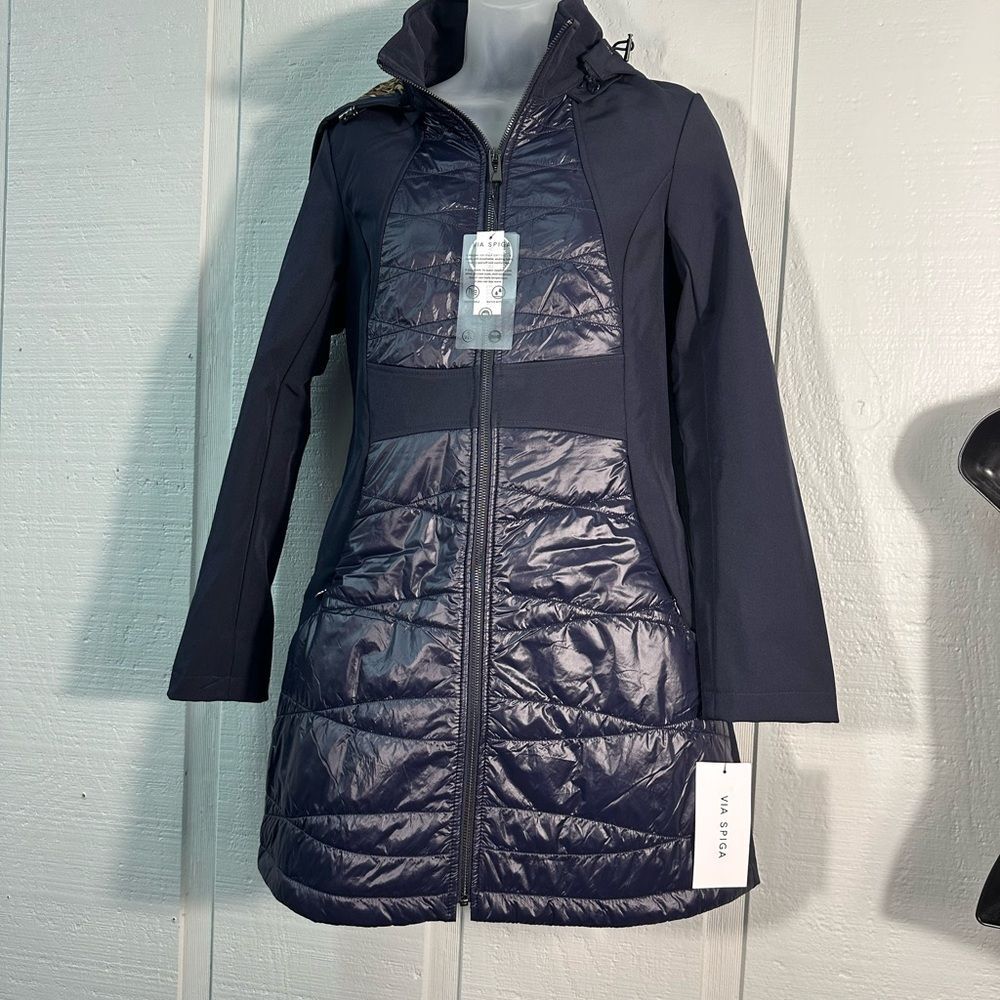 Via Spiga Elliptical Quilted Softshell Jacket Navy L Leopard Lining Size XS NWT - Picture 9 of 11